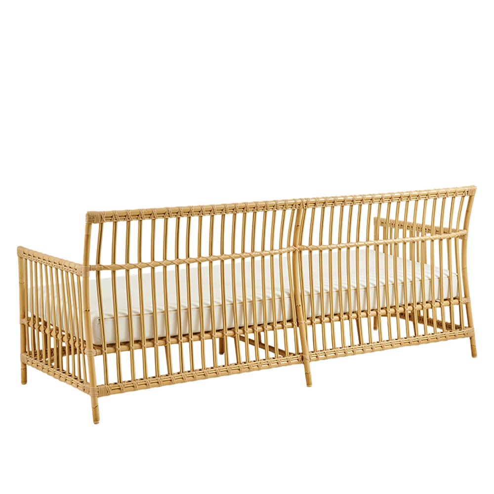Banc de jardin 3 places couleur bois avec dossier et coussins - Banc Caya / Taupe