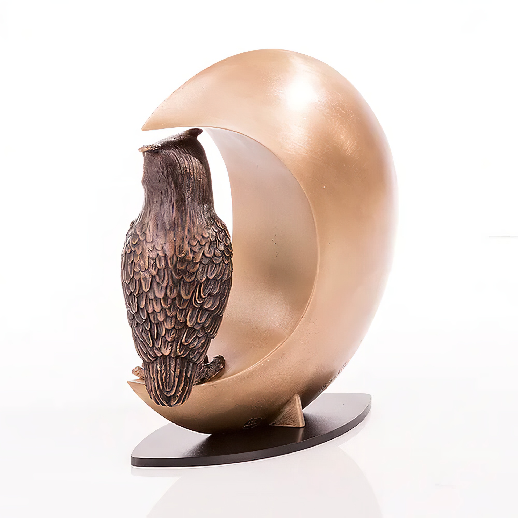 Chouette avec croissant de lune - sculpture en bronze moulée en édition limitée - Chouette de nuit