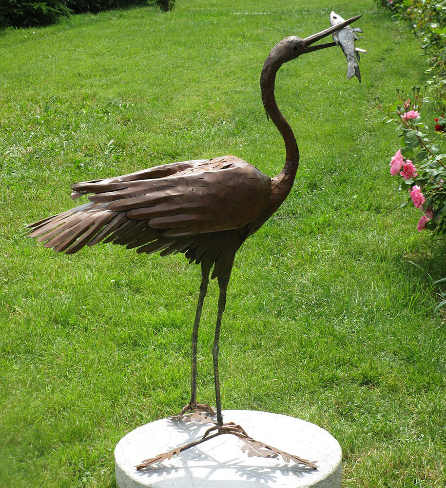 Figurine de jardin en métal - Héron avec poisson - Egretta / Acier inoxydable