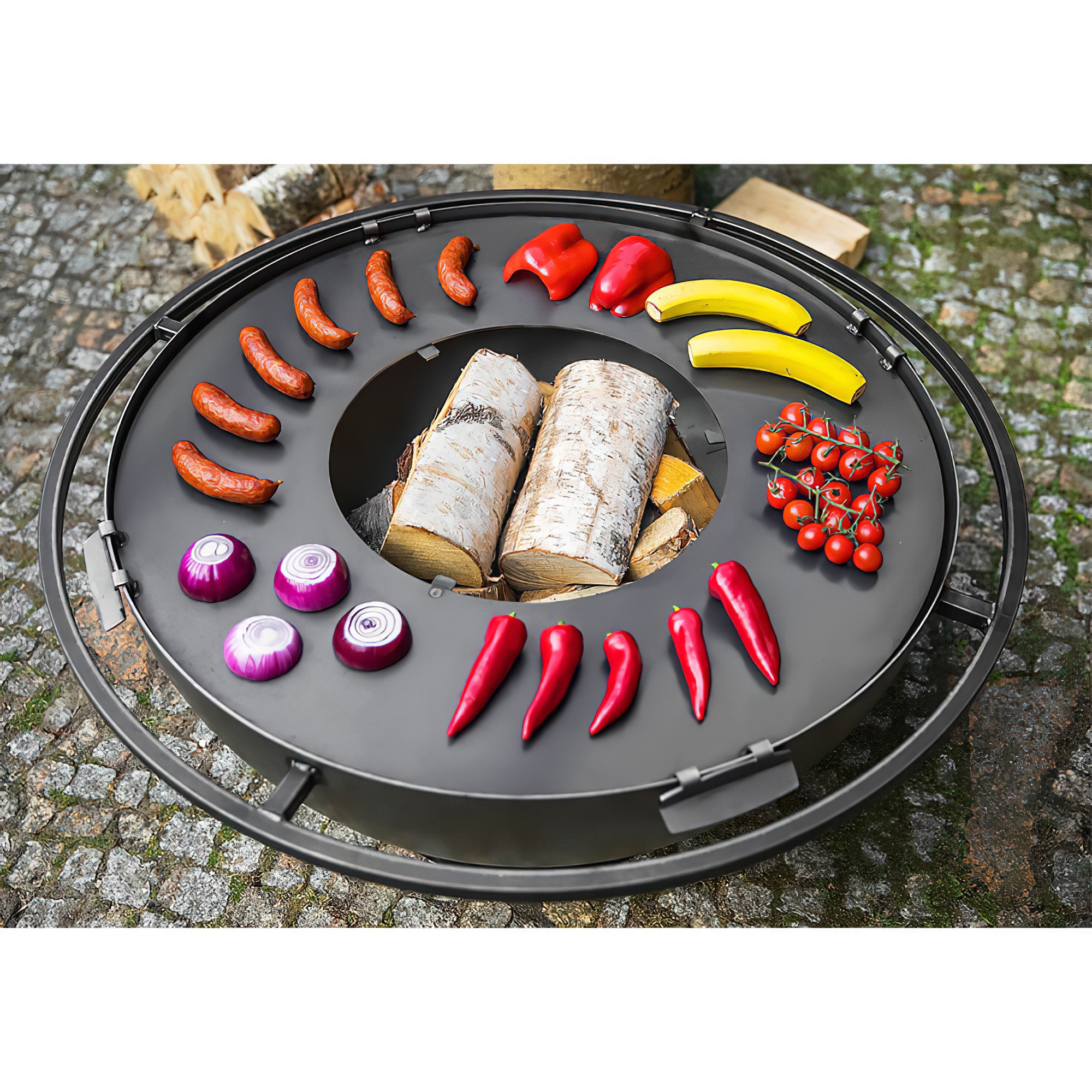 Barbecue moderne sur la base d'une vasque à feu - Demi-sphère en acier avec pied rond - Elas Barbecue de jardin / Plaque de cuisson & poignées