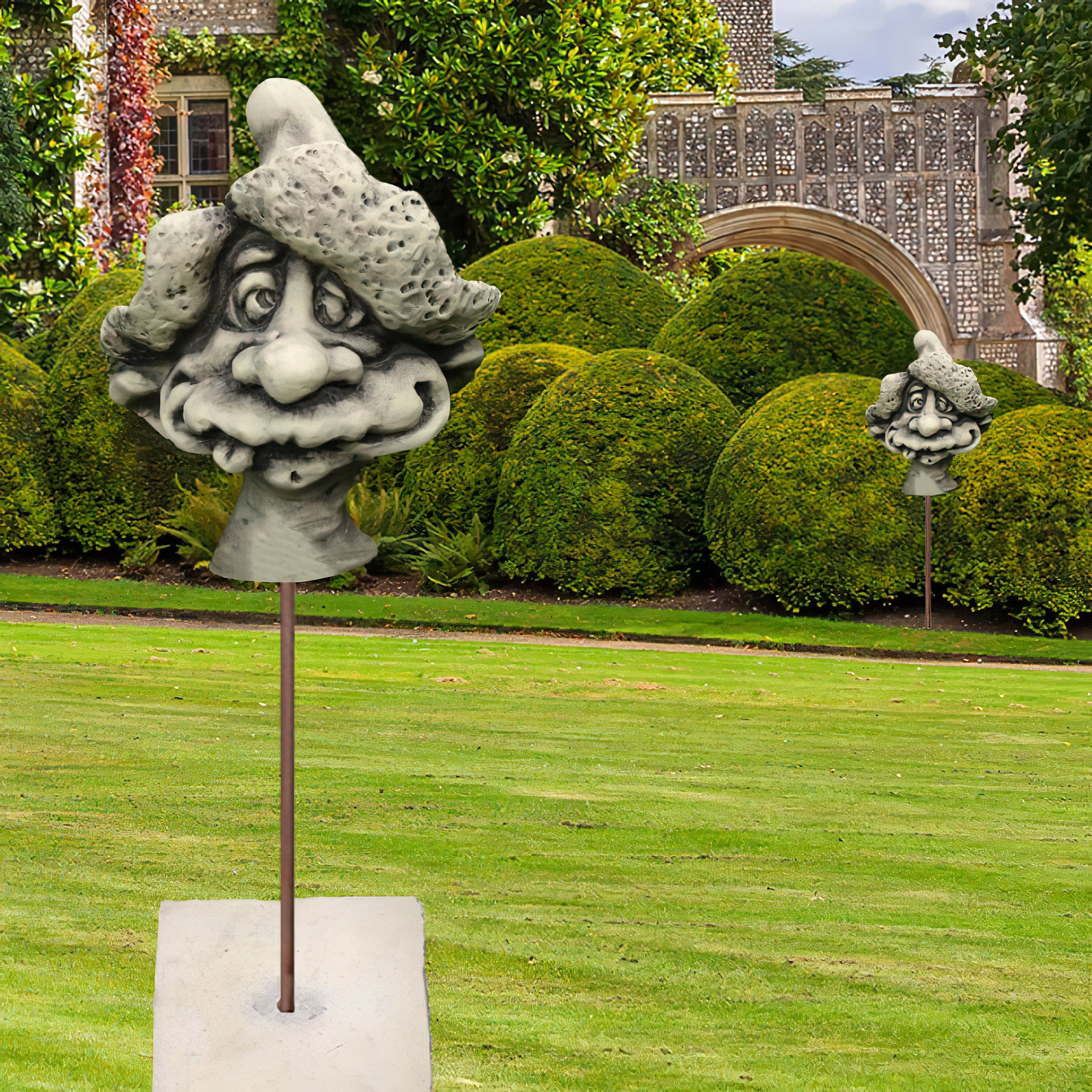 Sculpture amusante Buste de lutin en pierre - Primus / avec tige de 60cm