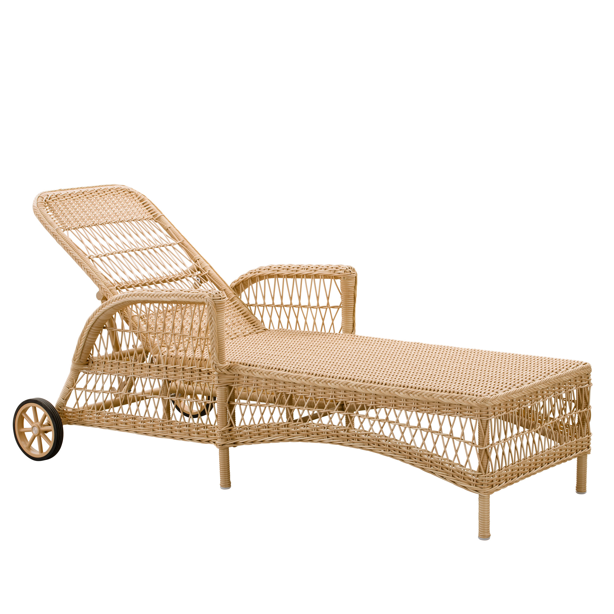 Bain de soleil en tressage résistant aux intempéries avec roulettes en aluminium et poly rotin - Bain de soleil Iben / sans coussin d'assise