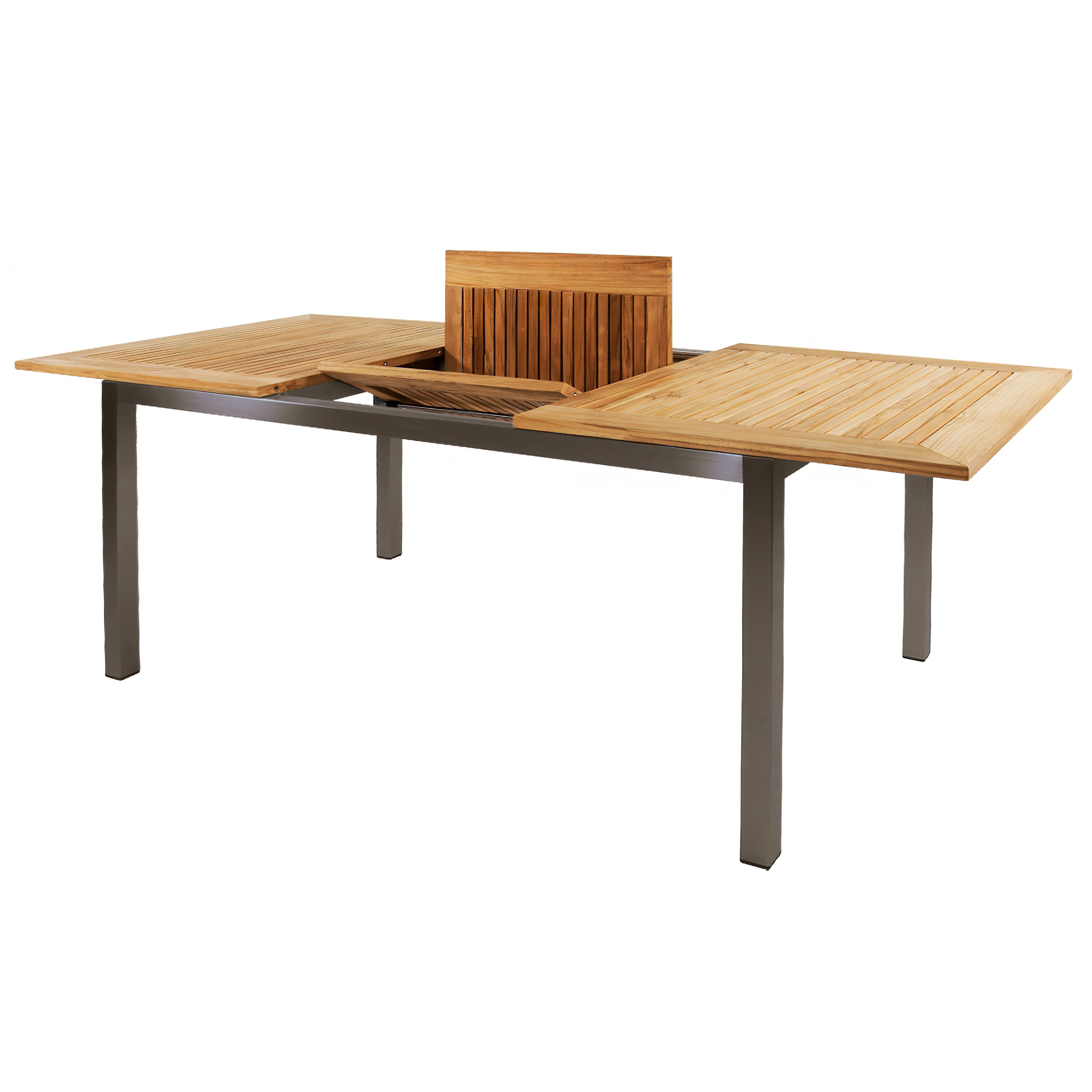 Grande table à rallonge en acier inoxydable avec plateau en teck - 152/210cm - Miralo