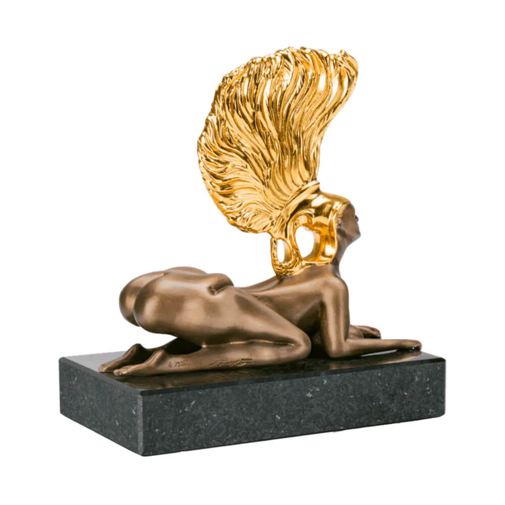 Petite statue de sphinx en bronze avec socle en granit - Sphinx au casque d'or