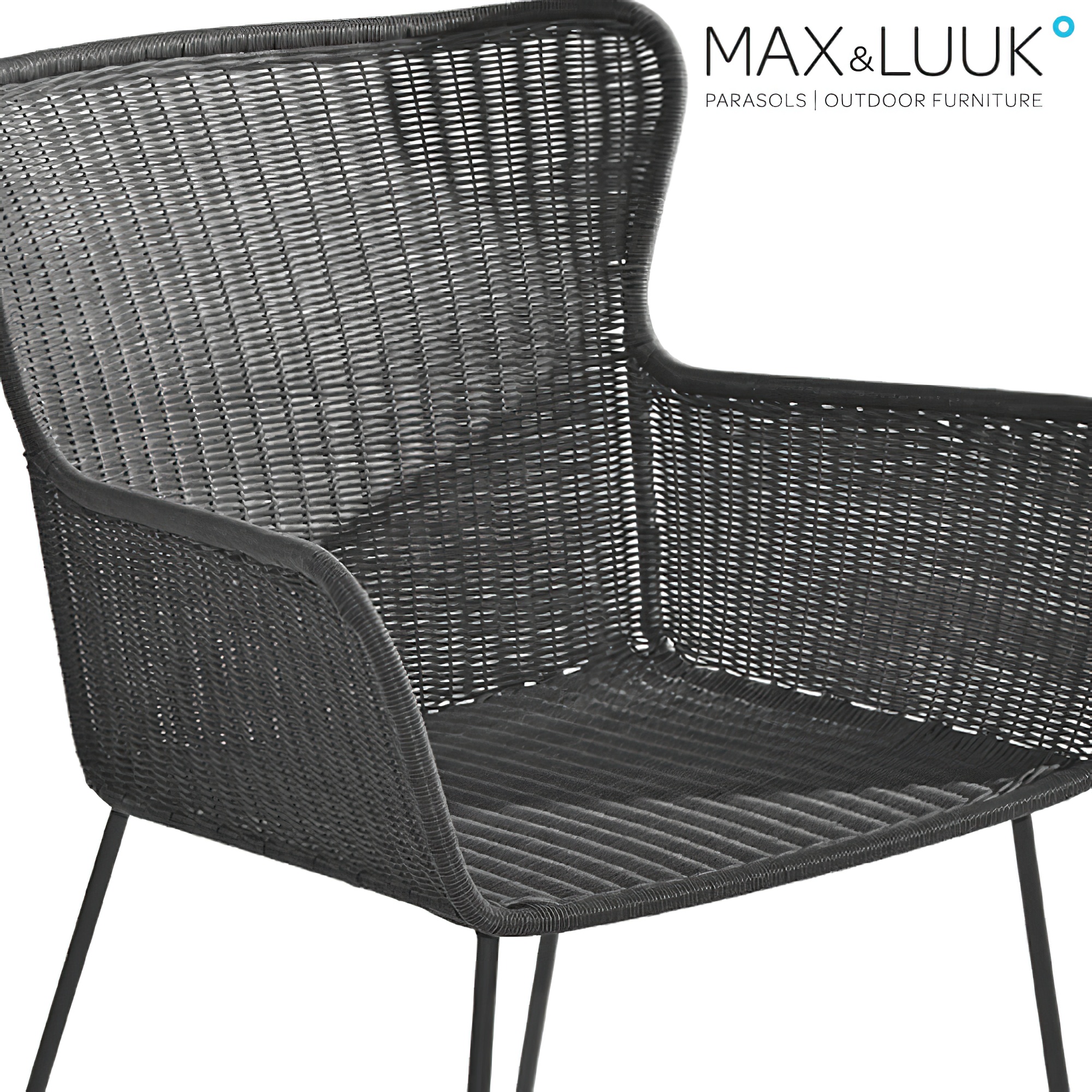 Chaise de jardin foncée Max & Luuk avec structure en acier et coque tressée - Chaise Iris / avec coussin d'assise en slate