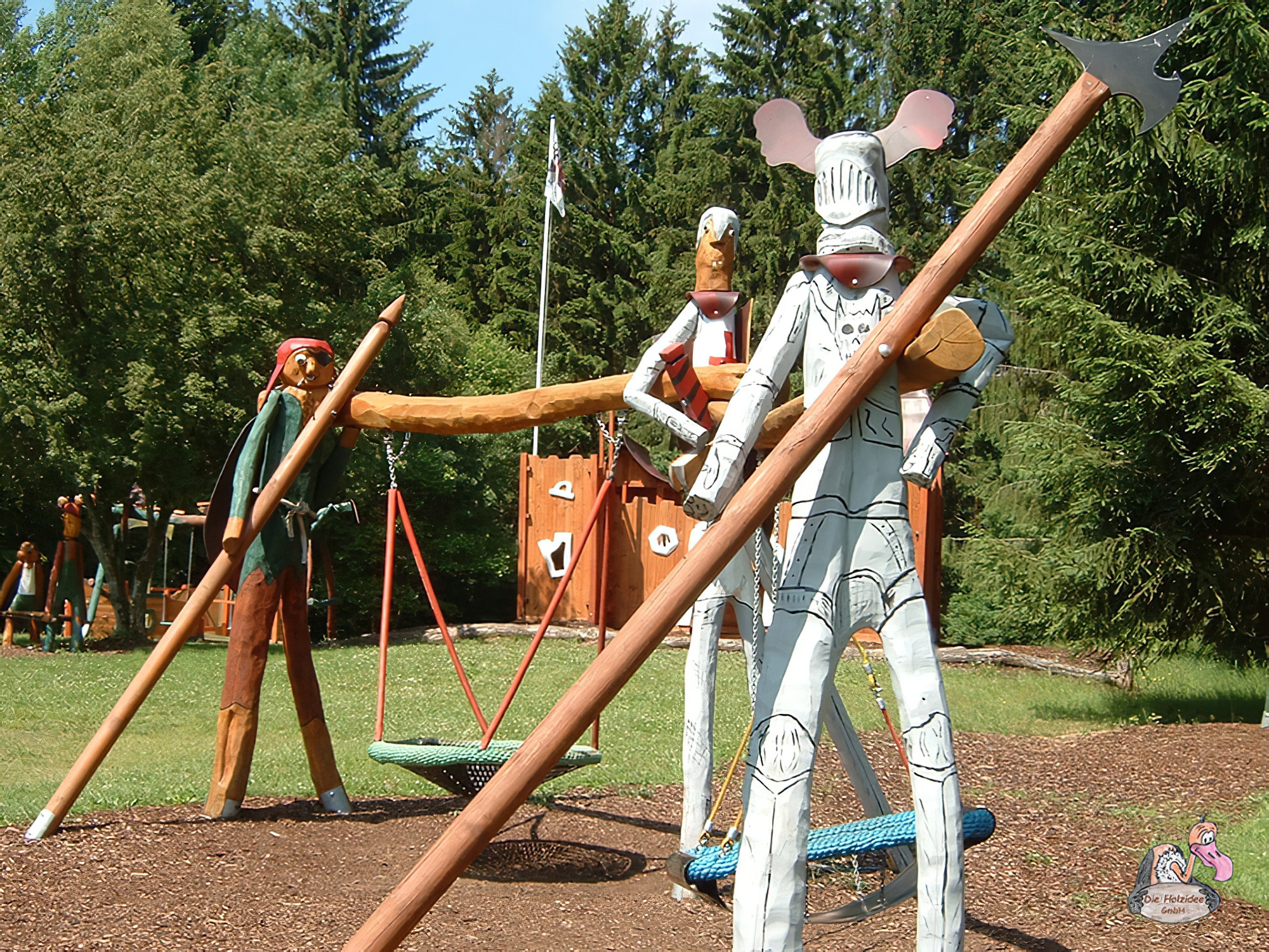 Portique de balançoire au design chevalier en bois avec trois balançoires nid - balançoire chevalier Fips