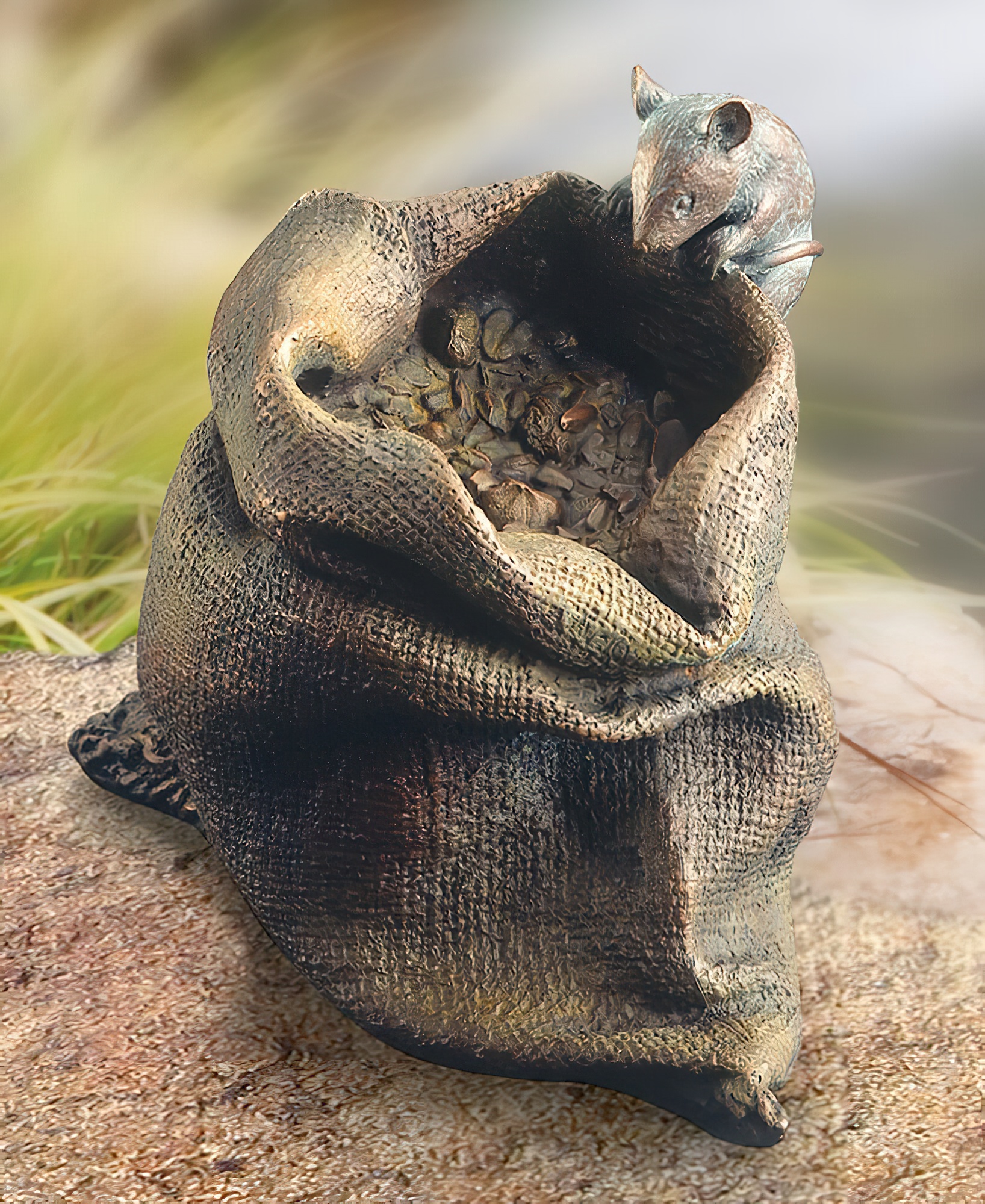 Souris figurine en bronze avec sac - résistant aux intempéries - souris avec nourriture