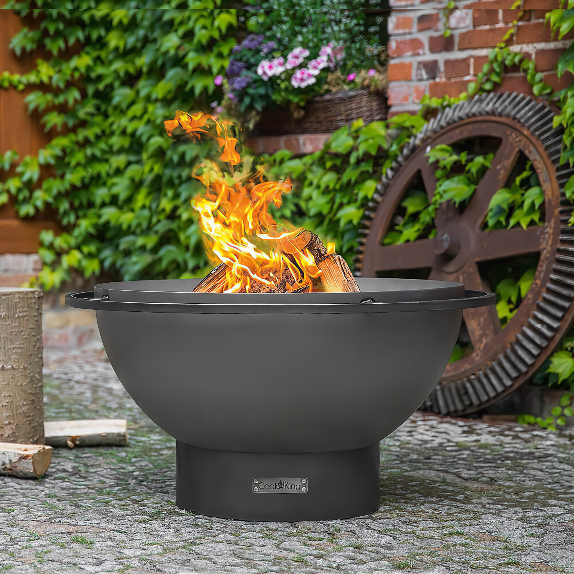 Bol de feu hémisphérique avec pied rond pour jardin et terrasse - Bol de feu Elas / avec couvercle