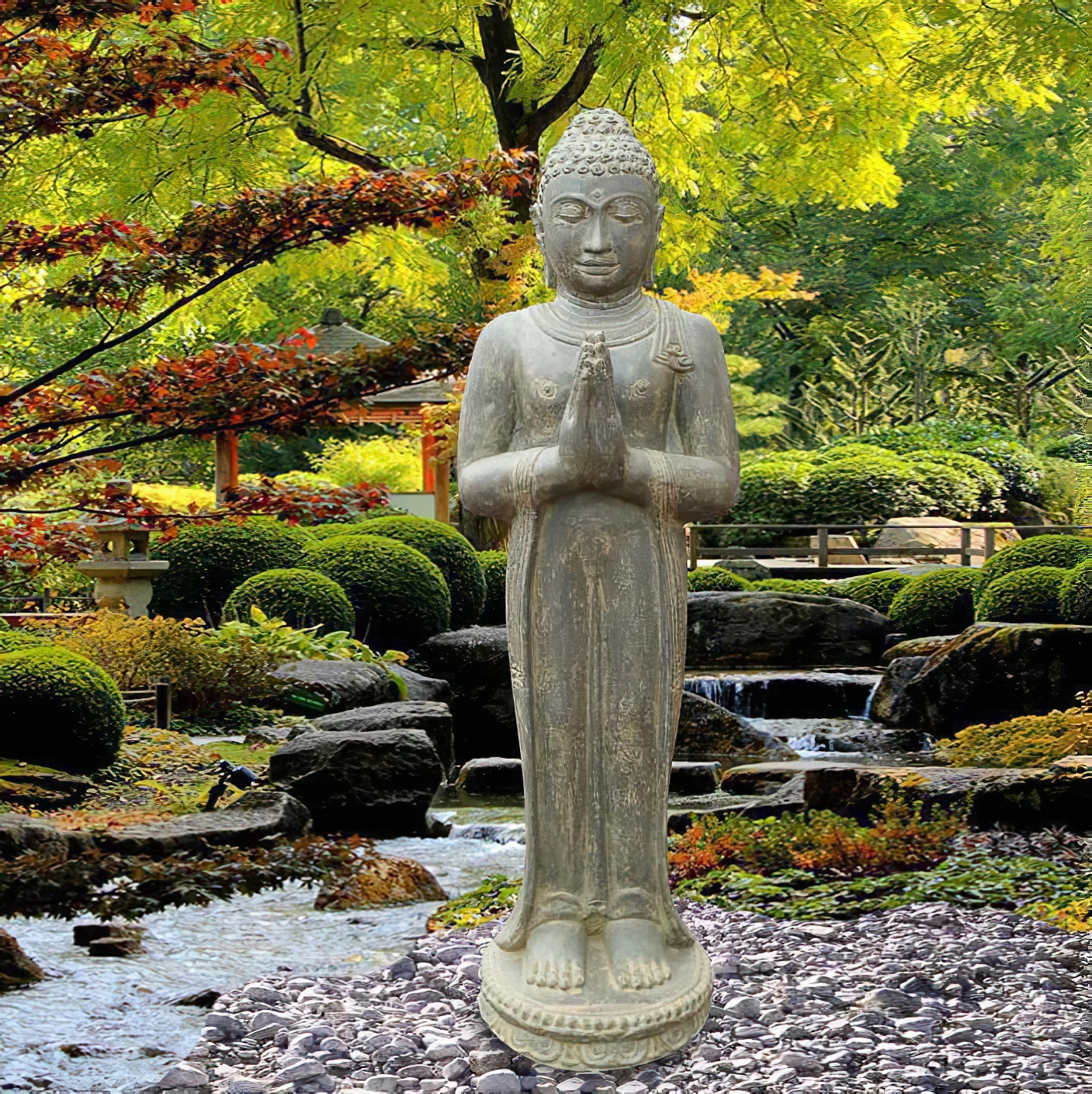 Noble figure de Bouddha debout en fonte de pierre / 100 cm