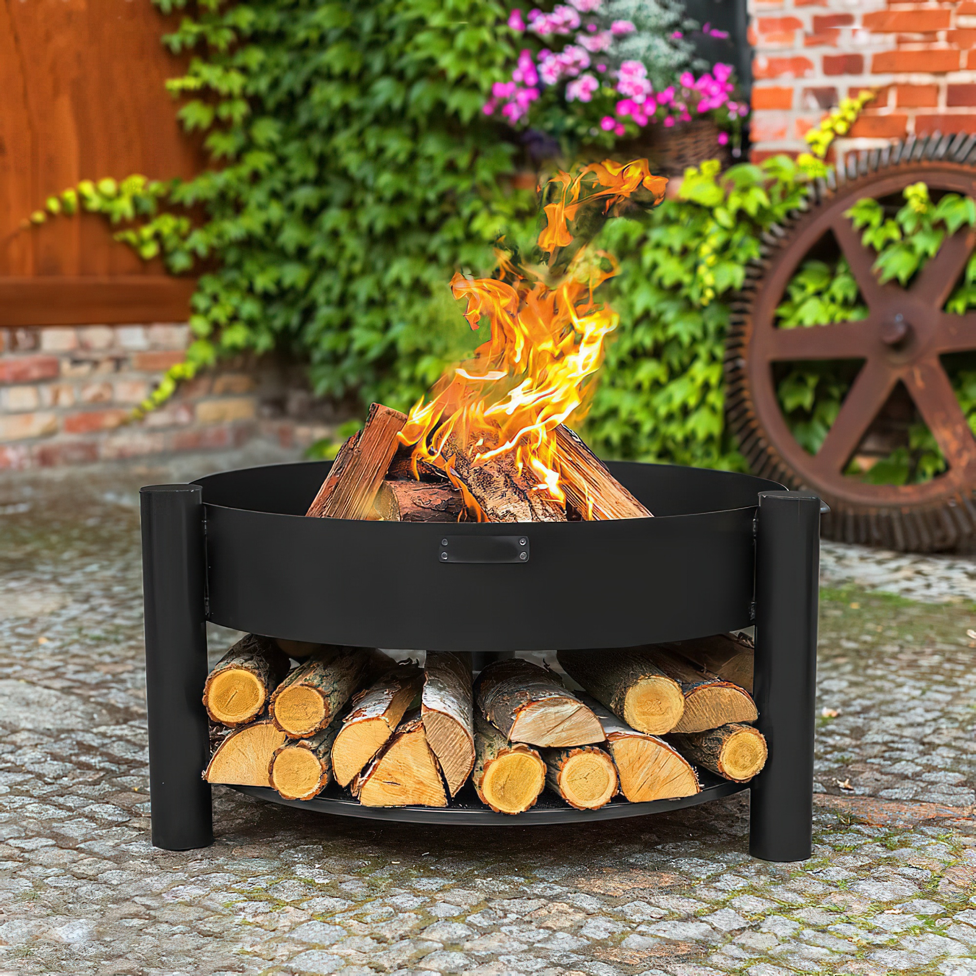 Bassin de feu rond en acier - Foyer avec dépôt de bois - Tilos Bassin de feu / 80cm / avec couvercle