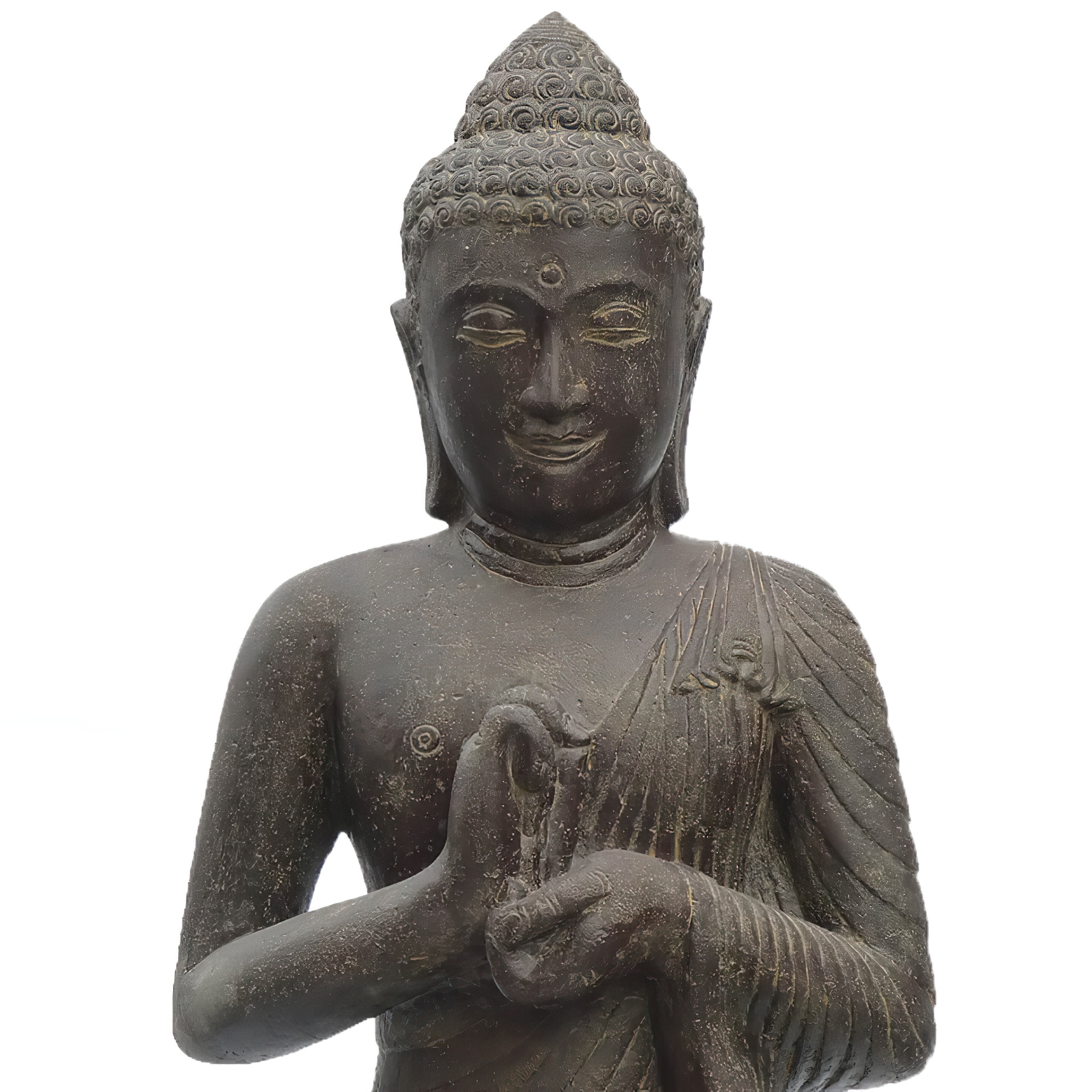 Figurine de Bouddha indien en pierre moulée avec la Roue de la Doctrine - Chendra / 80x55x45cm (hxlxp)