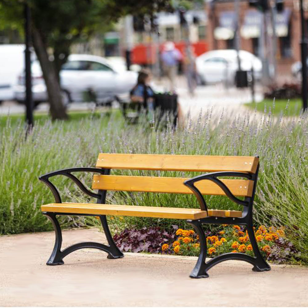Banc de parc intemporel avec accoudoirs en fonte et bois - Eistla