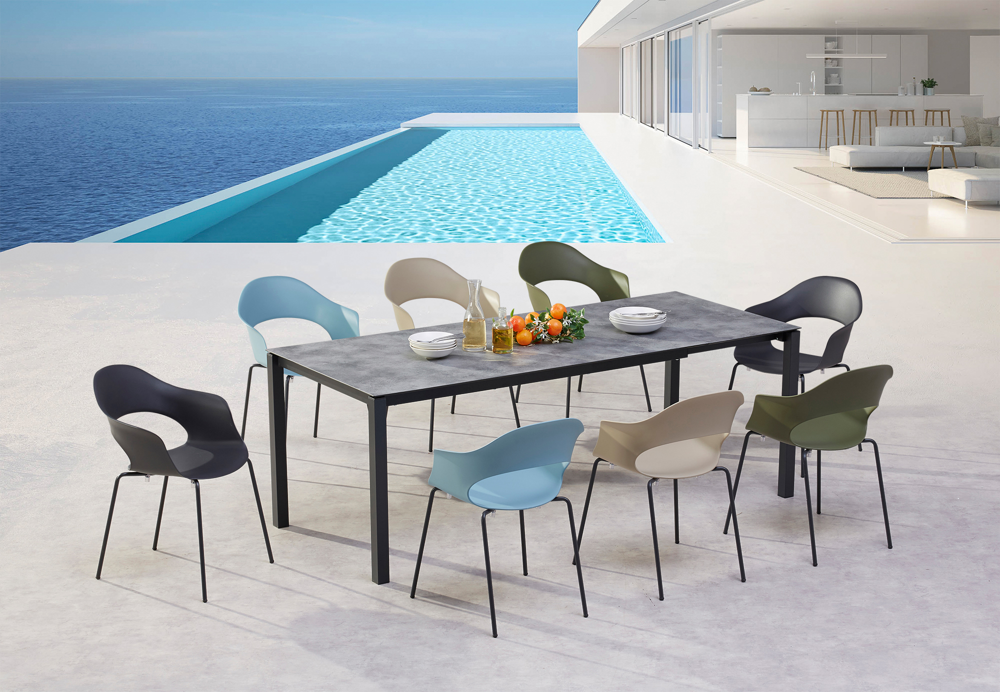 Elégant ensemble de salle à manger 8 places avec plateau HPL extensible - Rimala / Chaises Bleu