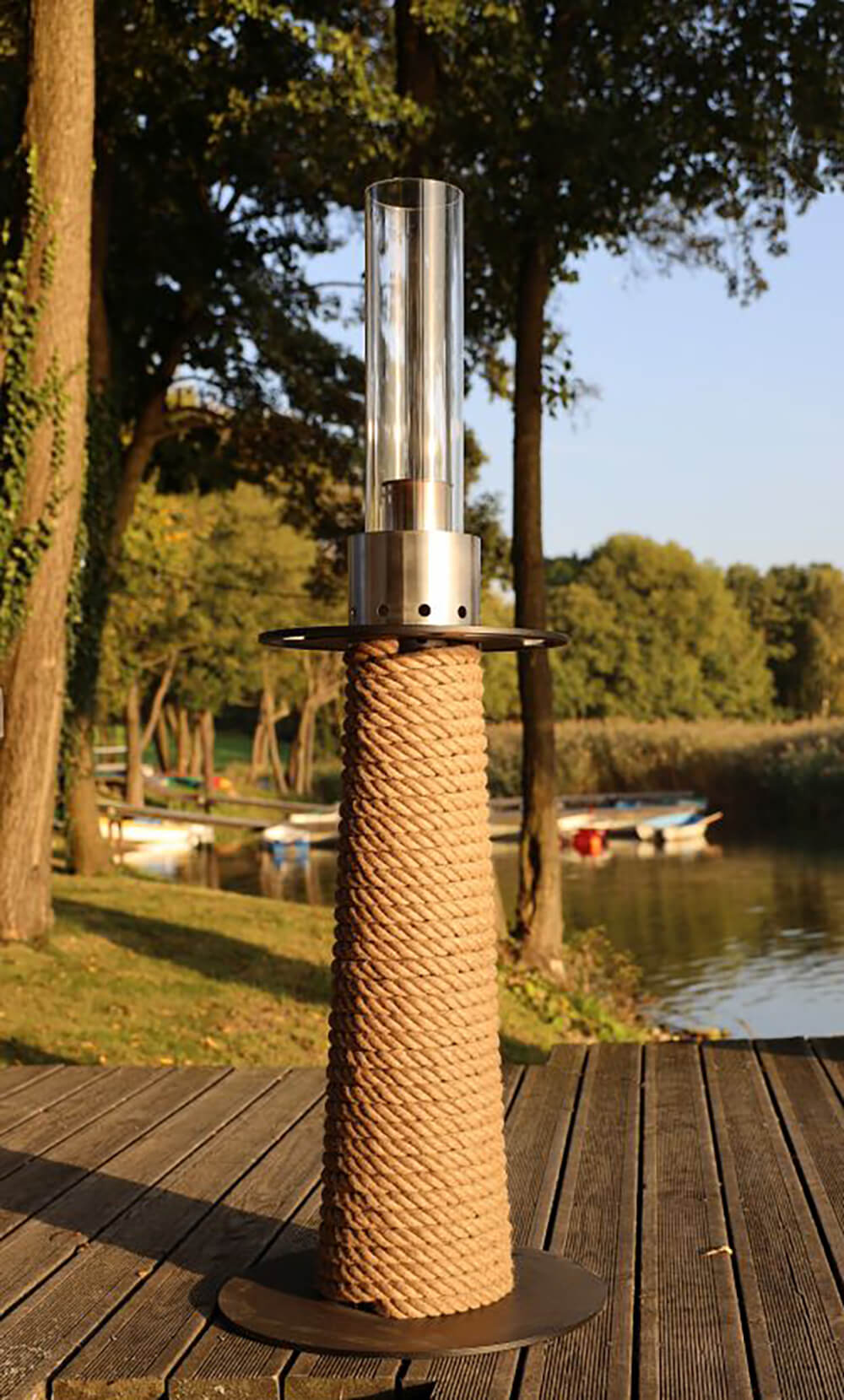 Torche de jardin éthanol élégante en acier avec corde de jute de Masuria - Lampe Juno / Noir