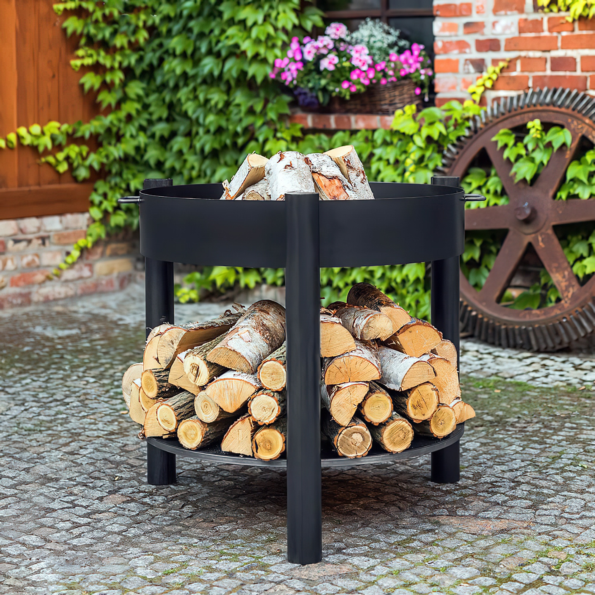 Bac à feu haut en acier avec espace pour stocker le bois - Lutro Bac à feu / 80cm / avec couvercle