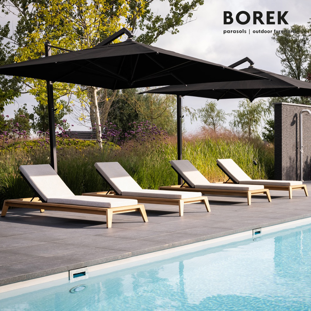 Chaise longue de jardin rembourrée en teck avec roulettes et dossier réglable - Borek - Hybrid Lounger