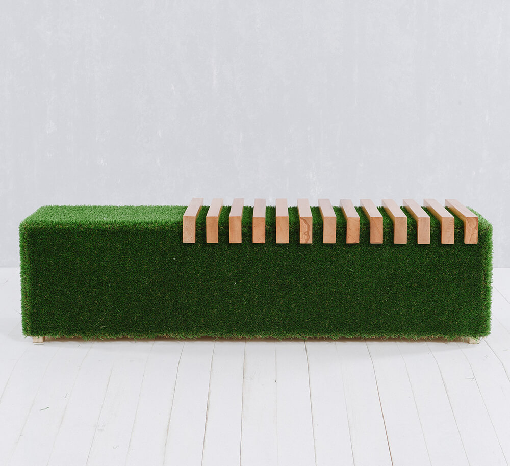 Banc de jardin moulé - bois, PRV & gazon synthétique - vert - Fenix / bois clair