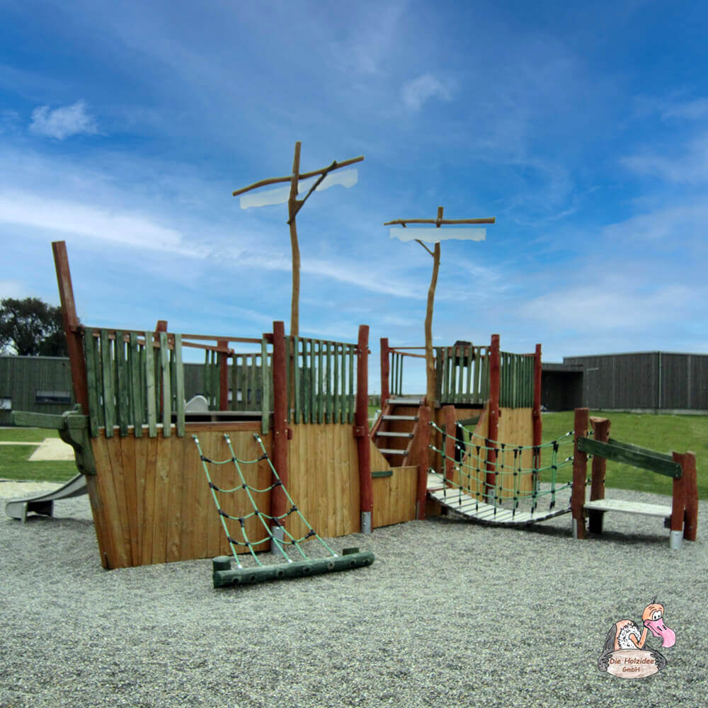 Grand bateau de jeu en bois pour enfants avec gouvernail, voiles et filet à grimper - Bateau de jeu Hoppetosse