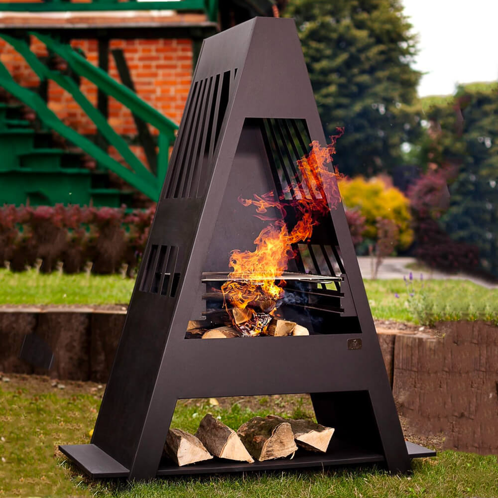 Barbecue de jardin triangulaire avec support pour le bois en noir - Ustka Gartengrill